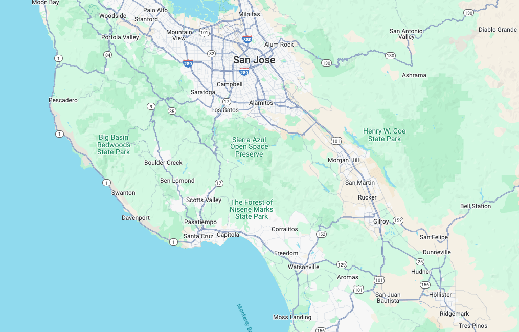 Map of Redwood Roofing's service area around San Jose and Santa Cruz